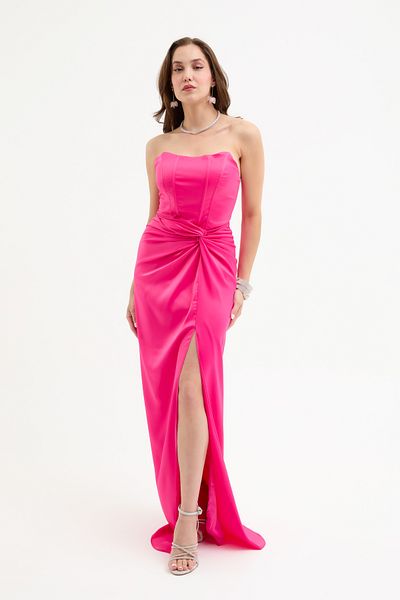 Lafaba Women's Fuchsia Double Breasted Lined Woven Corset Detailed Satin Long Evening Dress