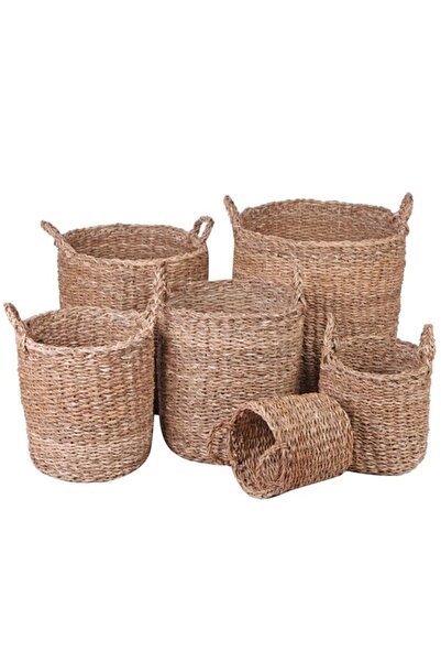 Evistro Dekoratif Naturel Yuvarlak Düzenleyici Hasır Çamaşır Sepet Saksılık 6 lı