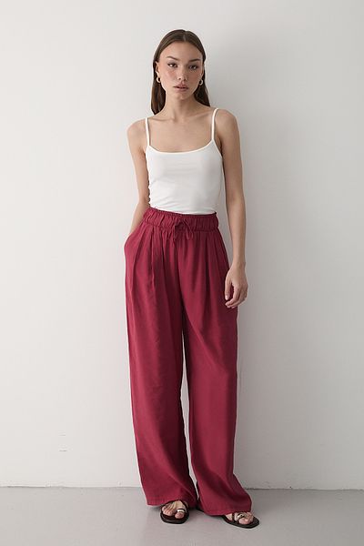 JASTE Women's Burgundy Elastic Waist Wide Leg Palazzo Trousers
