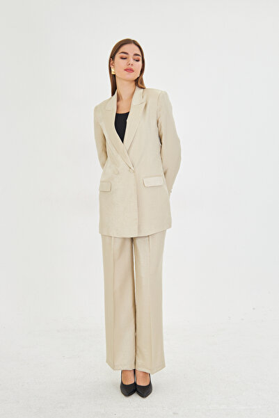 upse Kadın Bej Işıltılı Kruvaze Ceket Pantolon Takım