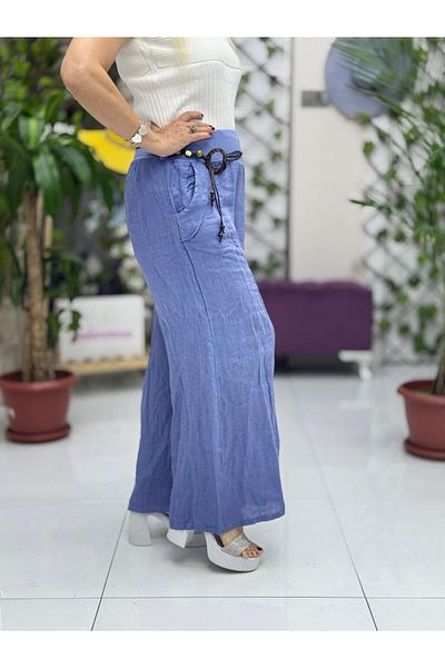 Punta Otantik Nc1136 Italian Italian Belted Linen Trousers Blue