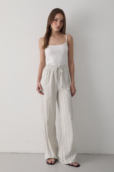 JASTE Women's Blue Striped Linen Trousers with Elastic Waist