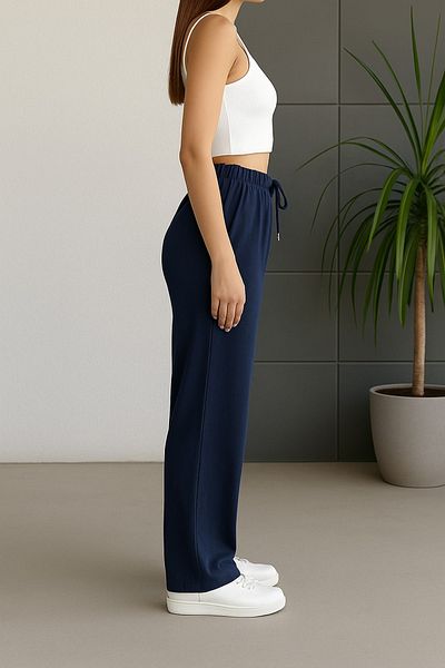 freemen Women's High Waist Navy Blue Gabardine-Linen Textured Trousers – Breathable Fabric, 4 Seasons Comfort