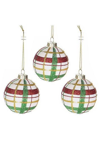 Decorer Set 3 glass ornaments red green Ø 7 cm x 7 H