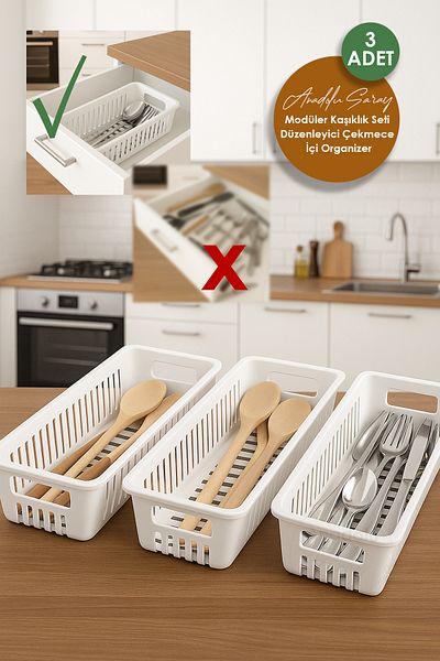 Anadolu Saray 3-Piece Modular Cutlery Set Drawer Kitchen Organizer Organizer Knife Ladle Spoon Fork Compartment