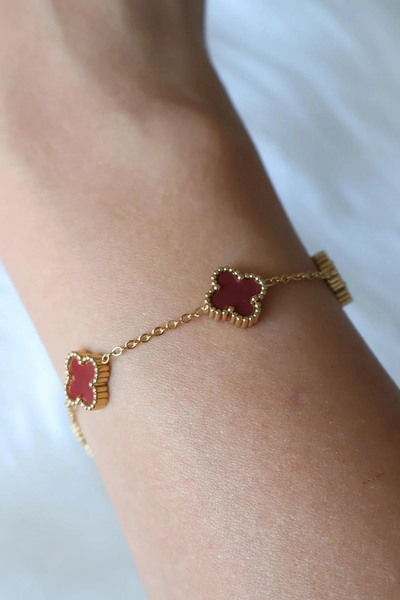AURRARİ Gold Bordo Doğal Taşlı Premium Çelik Bileklik