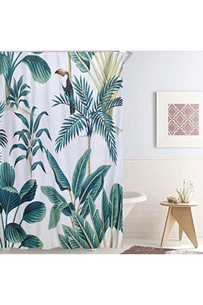 e-store Shower curtain, white with tropical leaf pattern, polyester, 180x180cm