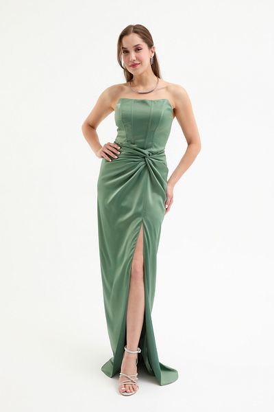 Lafaba Women's Khaki Double Breasted Lined Satin Long Evening Dress with Woven Corset Detail