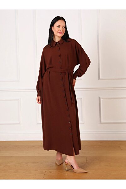 ALİA Büyük Beden Boydan Düğmeli Aerobin Tesettür Elbise - Acı Kahve - Alia