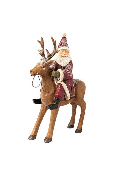 Clayre & Eef Santa Claus Figurine with Reindeer Polyresin Red Cream 20x7x26 cm