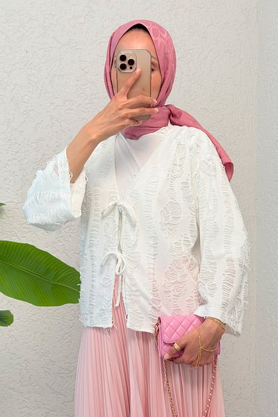 Salih Çelebi Tattered Tassel Kimono 2314 - White