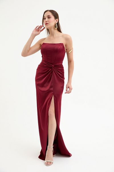 Lafaba Women's Burgundy Double Breasted Lined Woven Corset Detailed Satin Long Evening Dress