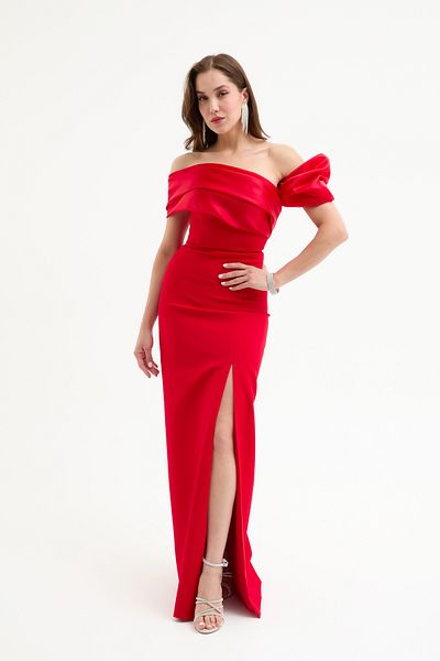 Lafaba Women's Red Collar Detailed Slit Long Evening Dress