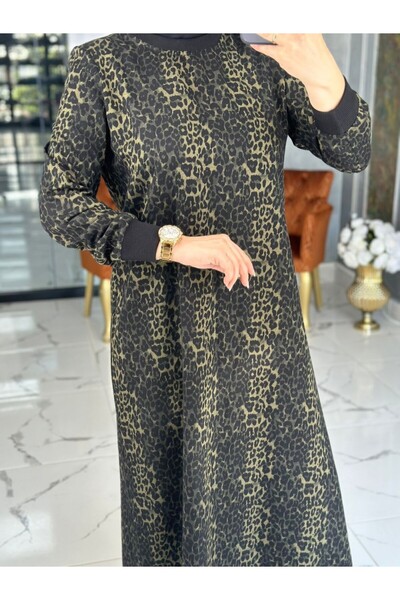 Zümra Tesettür Moda Leopar Elbise-yeşil Beden 2-44-46