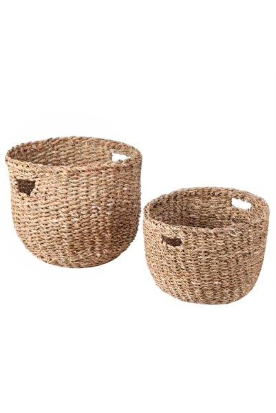 Evistro Dekoratif Yuvarlak Sele Saksılık Kulplu Hasır Sepet 2 li Set