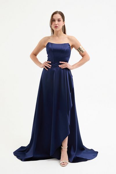 Lafaba Women's Navy Blue Strapless Underwire Corset Detail Long Evening Dress