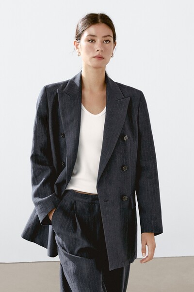 Massimo Dutti İnce çizgili keten karışımlı blazer