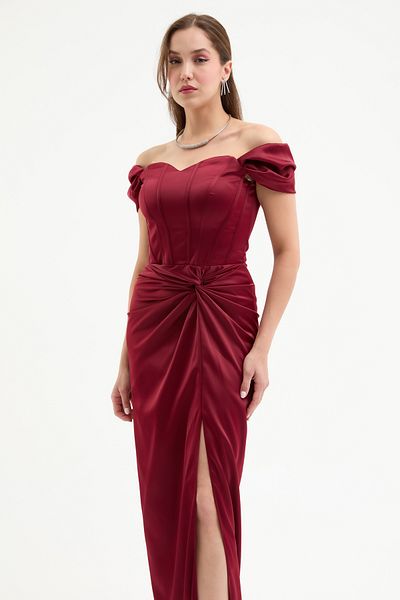 Lafaba Women's Burgundy Underwire Corset Long Satin Evening Dress