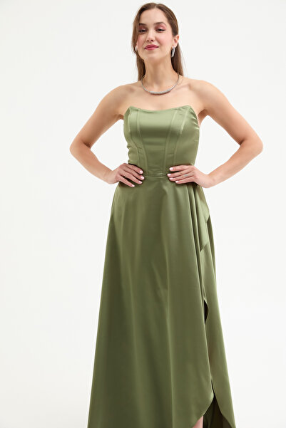 Lafaba Γυναικείο Μακρύ Βραδινό Φόρεμα Χακί Στράπλες Κορσέ με λεπτομέρεια