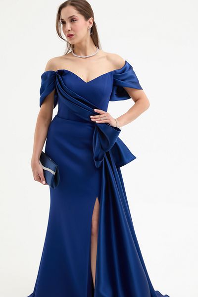 Lafaba Women's Navy Blue Boat Neck Court Train Long Evening Dress