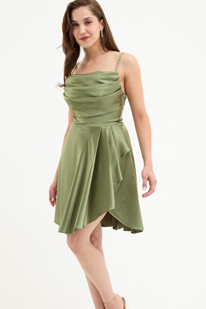 Lafaba Γυναικείο βραδινό κοντό σατέν φόρεμα & φόρεμα επιστροφής στο σπίτι με σχισμή χακί