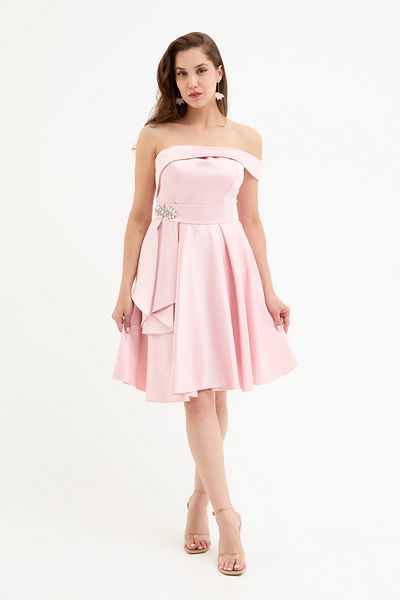 Lafaba Women's Powder Stone Accessories Satin Mini Homecoming Evening Dress