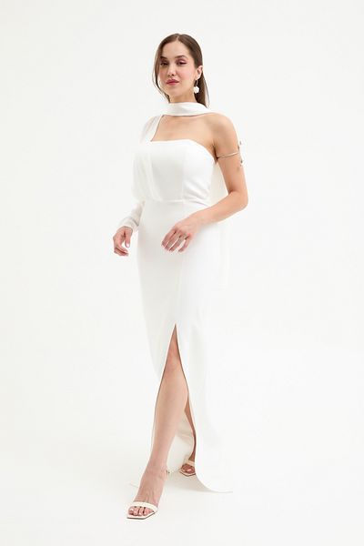 Lafaba Women's White One Sleeve Shawl Collar Slit Long Evening Dress