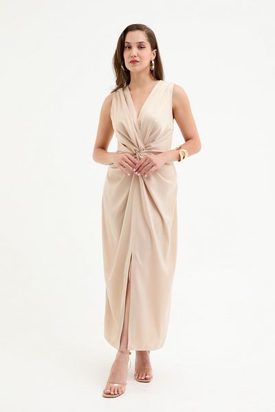 Lafaba Women's Beige Knot Detailed Midi Satin Dress