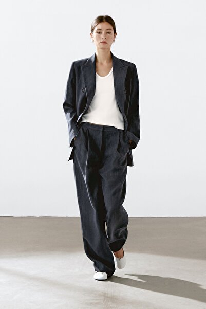 Massimo Dutti İnce çizgili keten karışımlı blazer