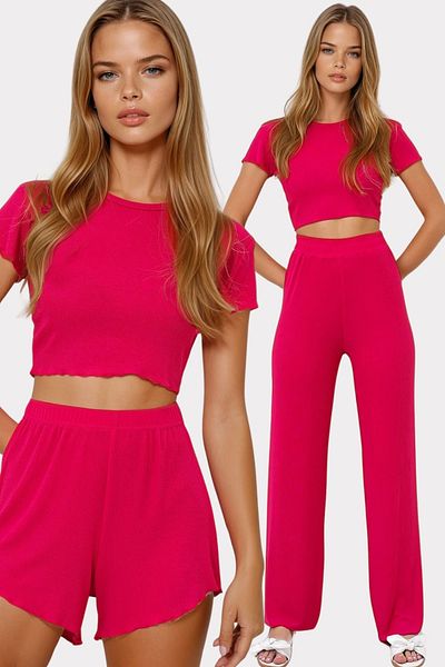 VAGGON Women's Fuchsia Crew Neck Crop Blouse, Shorts and Pants 3 Piece Pajama Set Pjmx13916