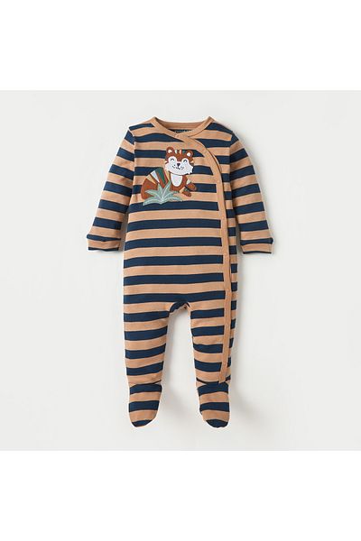 Juniors Tiger Applique Striped Sleepsuit With Long Sleeves And Button Closure