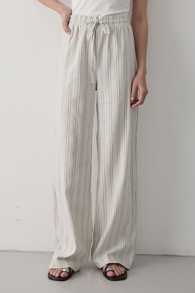JASTE Women's Blue Striped Linen Trousers with Elastic Waist