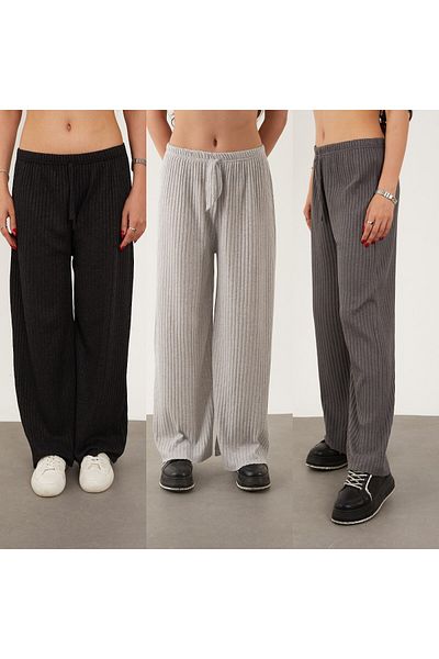 Asel Black Gray Smoked Women's Lycra Pants and Sweatpants - Casual Comfortable Home Wear Pajamas Set of 3