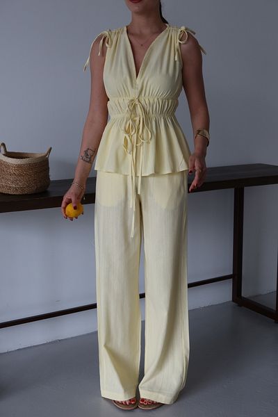 Laluvia Yellow 100% Cotton Shoulder Waist Shirred Blouse Trousers Set - 8612