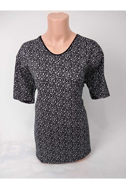 YAŞAR TRİKO تي شيرت نسائي أبيض وأسود برقبة على شكل حرف U وأكمام قصيرة منقوشة ...