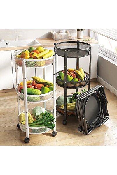Un عربة تخزين متعددة الطبقات قابلة للطي بعجلات للمطبخ والخضروات والفواكة اسود