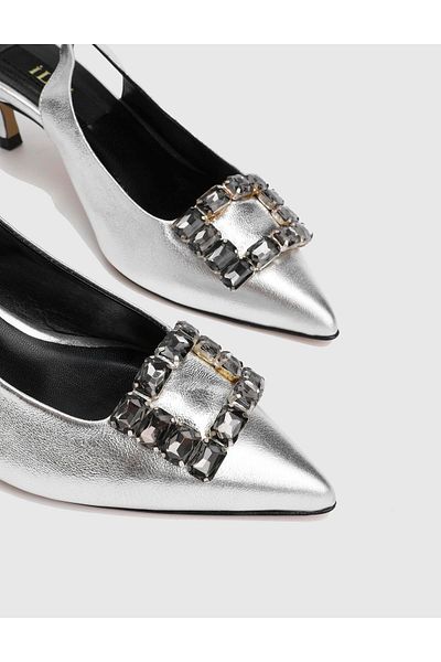 İLVİ Varela Genuine Leather Women's Silver Color Heeled Sandals