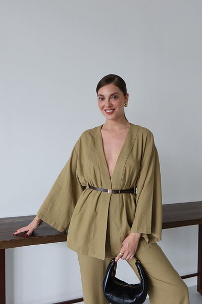 Laluvia Khaki Belted Classy Suit - 8694