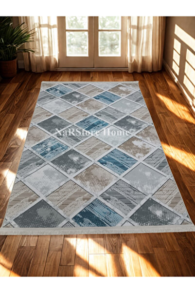 NaRStore Home Gri Mavi Kahve Saçaklı Kaymaz Taban Yıkanabilir Kesme Yolluk Sa...