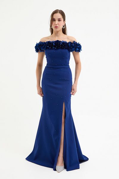 Lafaba Women's Navy Blue Floral Detail Slit Long Evening Dress