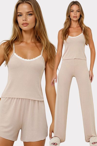 VAGGON Women's Beige Rope Strap Lace Detailed Blouse, Shorts and Pants 3 Piece Pajama Set Pjmx13917