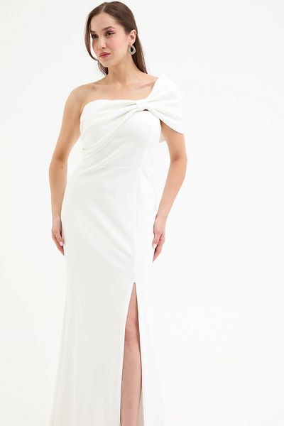 Lafaba Women's White Bow Detail Long Evening Dress