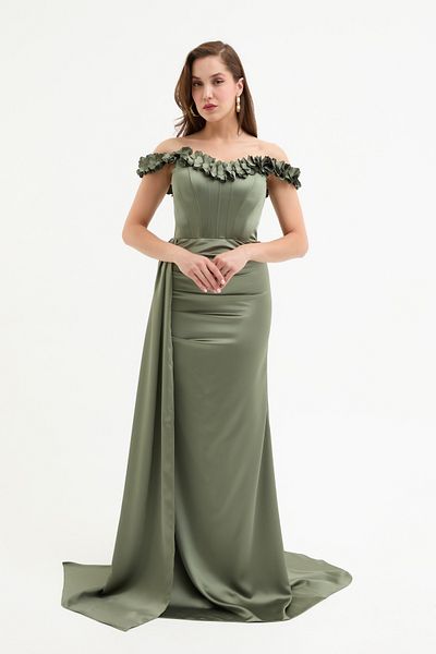 Lafaba Women's Khaki Collar Floral Long Satin Evening Dress