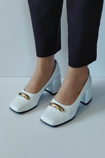 ERS Air Comfort Women's White Patent Leather Genuine Leather Classic Heeled Shoes Blunt Toe Gold Buckle Detailed