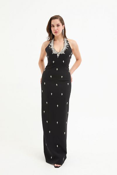 Lafaba Women's Black Halter Neck Stone Long Evening Dress