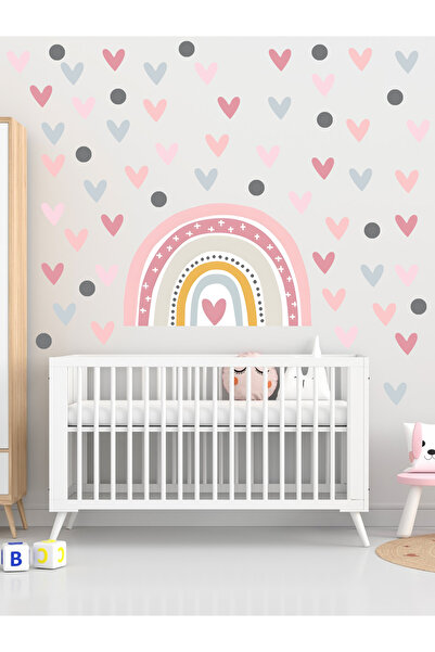 aiki Soft Pembe Tonlarda Gökkuşağı Ve Kalpler Bebek Çocuk Odası Duvar Sitcker