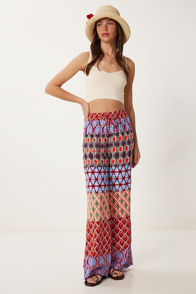 Lovelyİstanbul Wide Leg Summer Viscose Trousers Blue Tile Lmx0086