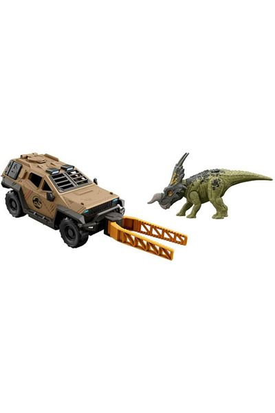 mattel Jurassic World Mission Mayhem Playset, Einiosaurus Dinosaur and Car