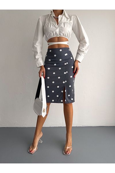 MaxiMor Women's Gray Polka Dot Elastic Waist Slit Pencil Skirt Length 65 cm