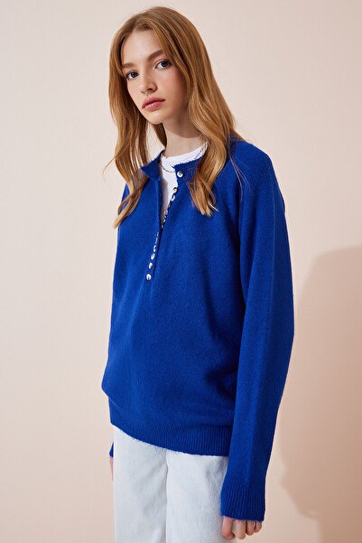 Lovelyİstanbul Vibrant Blue Knitwear Sweater - Buttoned Collar, Llx0002